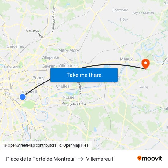 Place de la Porte de Montreuil to Villemareuil map