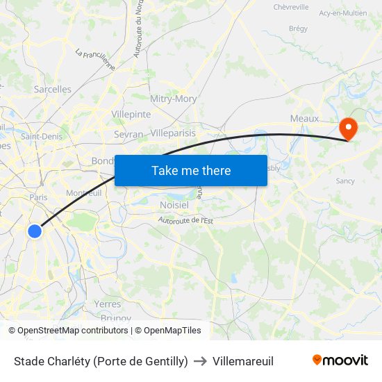 Stade Charléty (Porte de Gentilly) to Villemareuil map