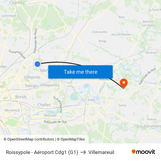 Roissypole - Aéroport Cdg1 (G1) to Villemareuil map