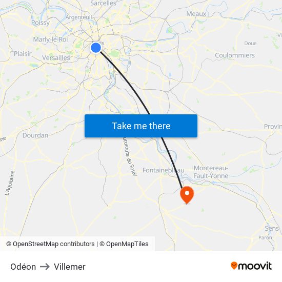 Odéon to Villemer map