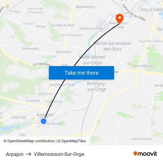 Arpajon to Villemoisson-Sur-Orge map