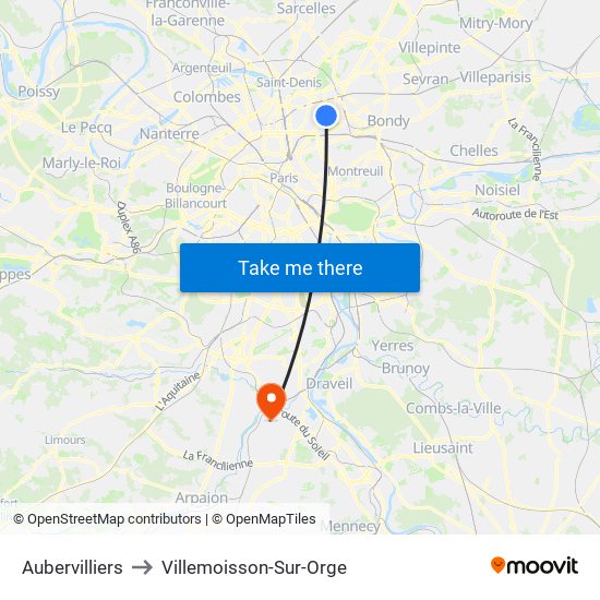 Aubervilliers to Villemoisson-Sur-Orge map