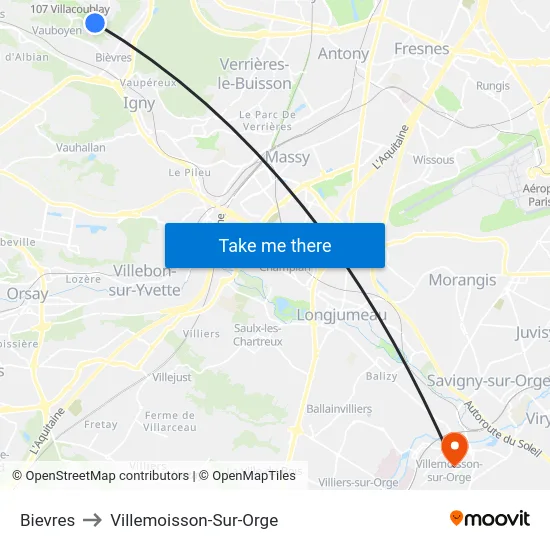 Bievres to Villemoisson-Sur-Orge map