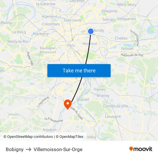 Bobigny to Villemoisson-Sur-Orge map