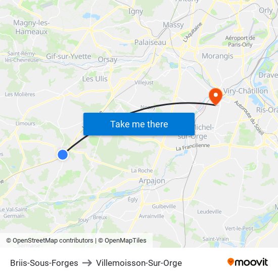 Briis-Sous-Forges to Villemoisson-Sur-Orge map