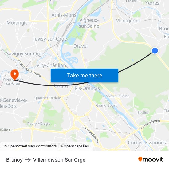 Brunoy to Villemoisson-Sur-Orge map