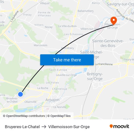 Bruyeres-Le-Chatel to Villemoisson-Sur-Orge map