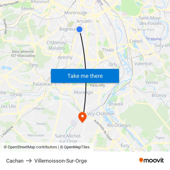 Cachan to Villemoisson-Sur-Orge map