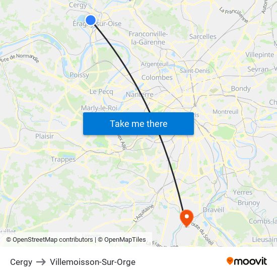 Cergy to Villemoisson-Sur-Orge map