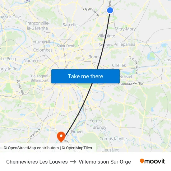 Chennevieres-Les-Louvres to Villemoisson-Sur-Orge map