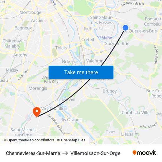 Chennevieres-Sur-Marne to Villemoisson-Sur-Orge map