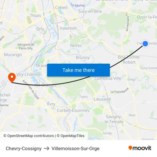 Chevry-Cossigny to Villemoisson-Sur-Orge map