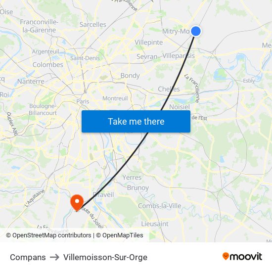 Compans to Villemoisson-Sur-Orge map