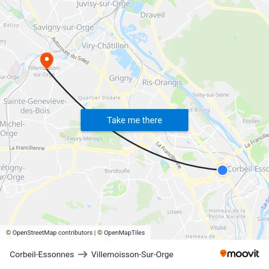Corbeil-Essonnes to Villemoisson-Sur-Orge map