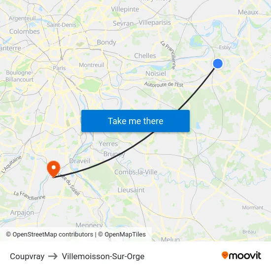 Coupvray to Villemoisson-Sur-Orge map