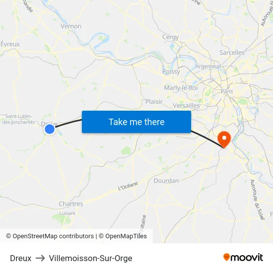 Dreux to Villemoisson-Sur-Orge map