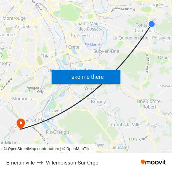 Emerainville to Villemoisson-Sur-Orge map