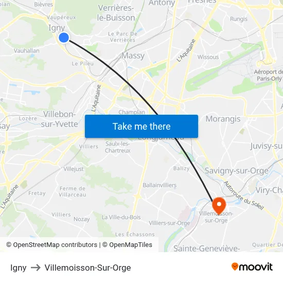 Igny to Villemoisson-Sur-Orge map
