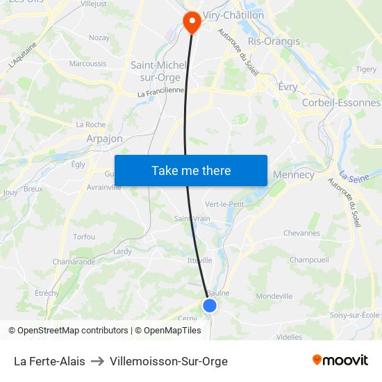 La Ferte-Alais to Villemoisson-Sur-Orge map