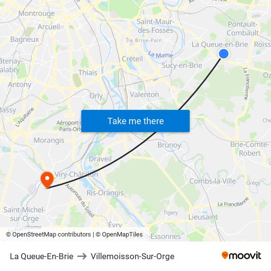 La Queue-En-Brie to Villemoisson-Sur-Orge map