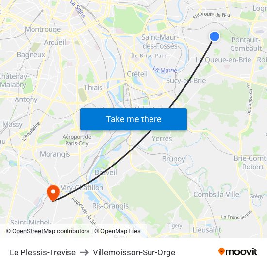 Le Plessis-Trevise to Villemoisson-Sur-Orge map