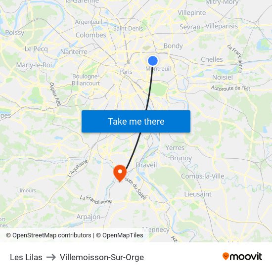 Les Lilas to Villemoisson-Sur-Orge map