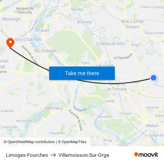 Limoges-Fourches to Villemoisson-Sur-Orge map