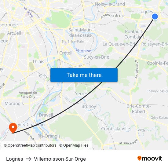 Lognes to Villemoisson-Sur-Orge map