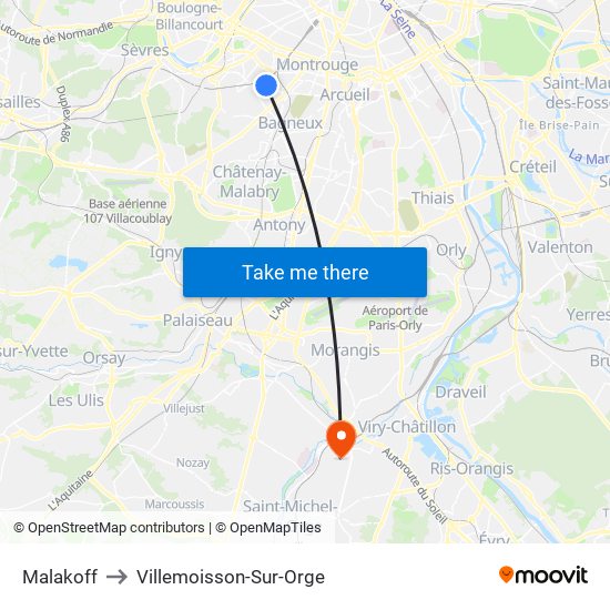 Malakoff to Villemoisson-Sur-Orge map