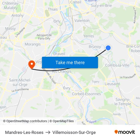 Mandres-Les-Roses to Villemoisson-Sur-Orge map