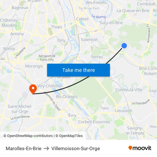 Marolles-En-Brie to Villemoisson-Sur-Orge map