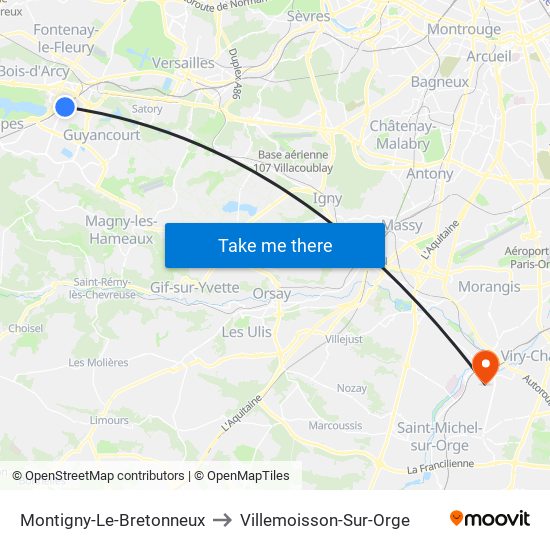 Montigny-Le-Bretonneux to Villemoisson-Sur-Orge map