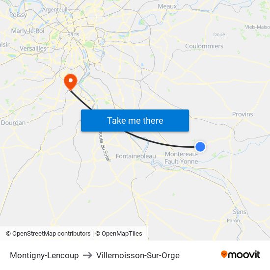Montigny-Lencoup to Villemoisson-Sur-Orge map