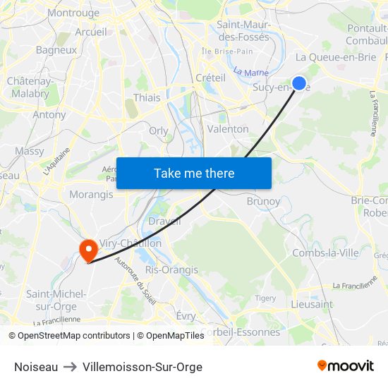 Noiseau to Villemoisson-Sur-Orge map