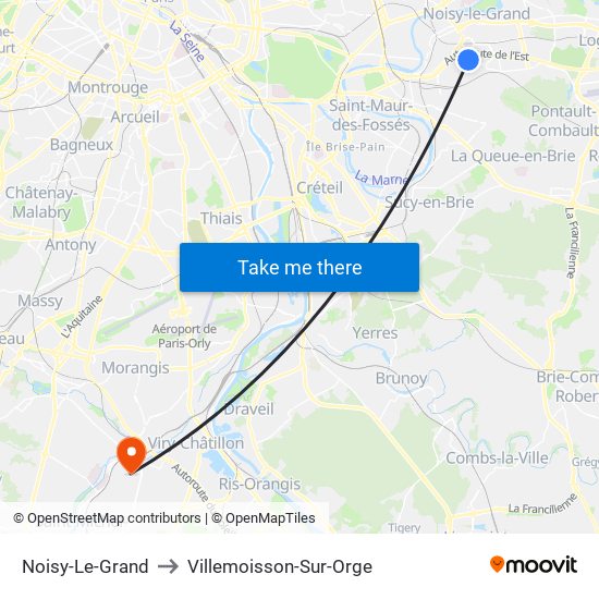 Noisy-Le-Grand to Villemoisson-Sur-Orge map