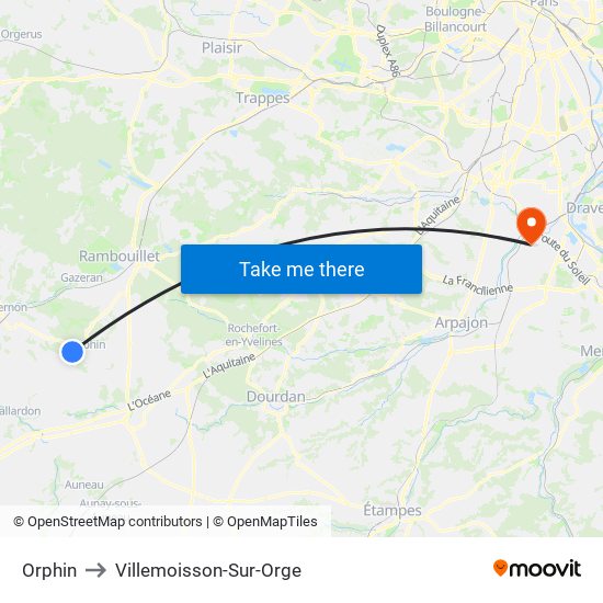 Orphin to Villemoisson-Sur-Orge map