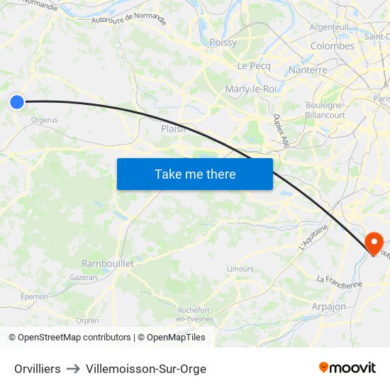Orvilliers to Villemoisson-Sur-Orge map