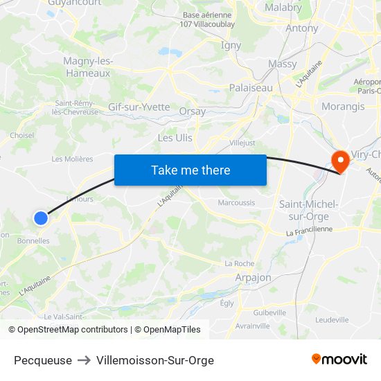 Pecqueuse to Villemoisson-Sur-Orge map