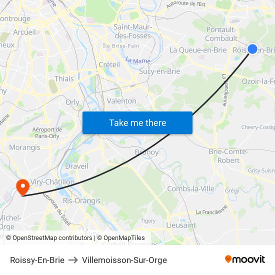 Roissy-En-Brie to Villemoisson-Sur-Orge map