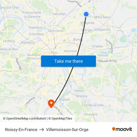 Roissy-En-France to Villemoisson-Sur-Orge map