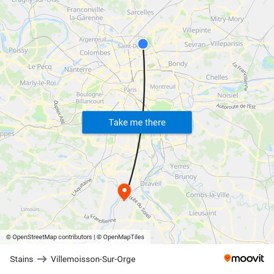 Stains to Villemoisson-Sur-Orge map