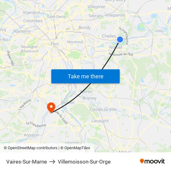 Vaires-Sur-Marne to Villemoisson-Sur-Orge map