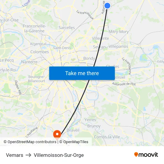 Vemars to Villemoisson-Sur-Orge map