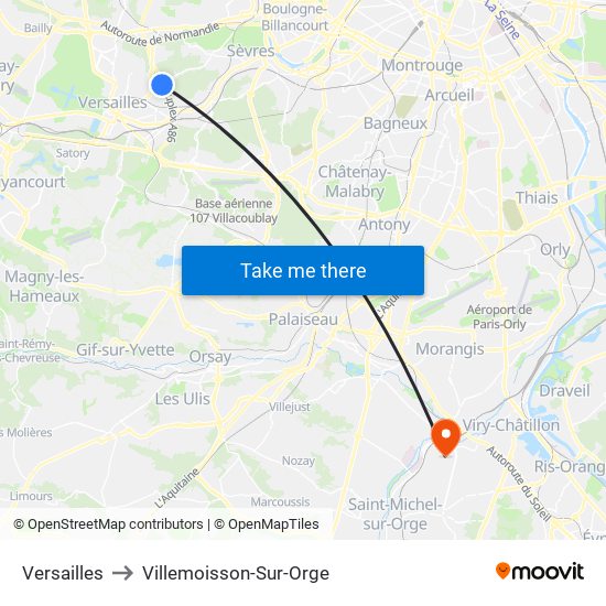 Versailles to Villemoisson-Sur-Orge map