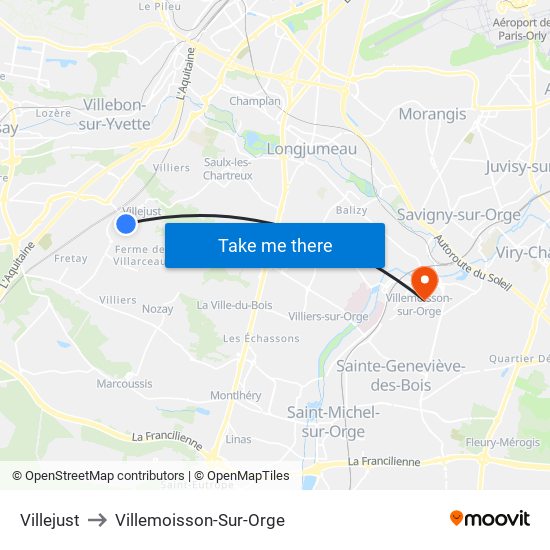 Villejust to Villemoisson-Sur-Orge map