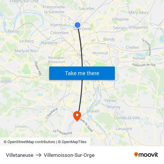 Villetaneuse to Villemoisson-Sur-Orge map