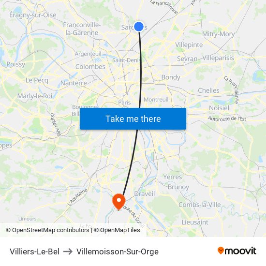 Villiers-Le-Bel to Villemoisson-Sur-Orge map