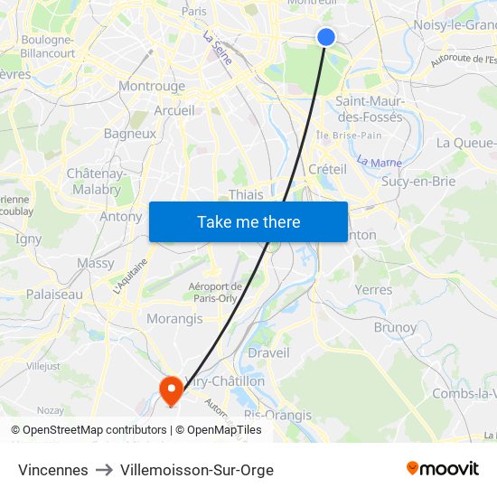 Vincennes to Villemoisson-Sur-Orge map