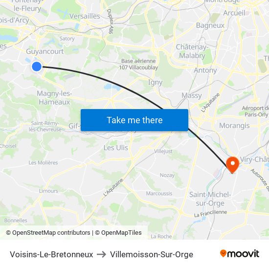 Voisins-Le-Bretonneux to Villemoisson-Sur-Orge map