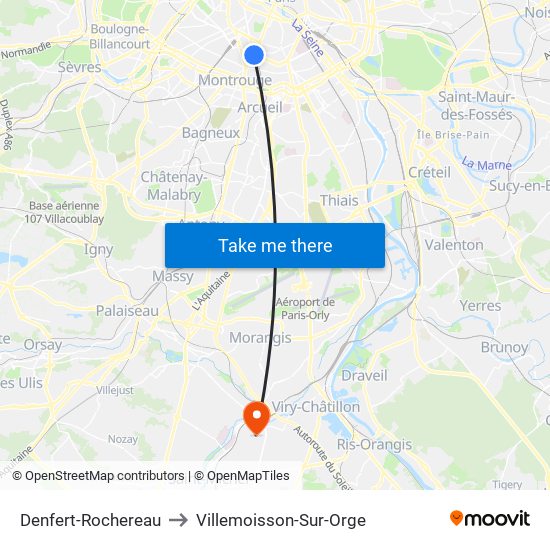 Denfert-Rochereau to Villemoisson-Sur-Orge map